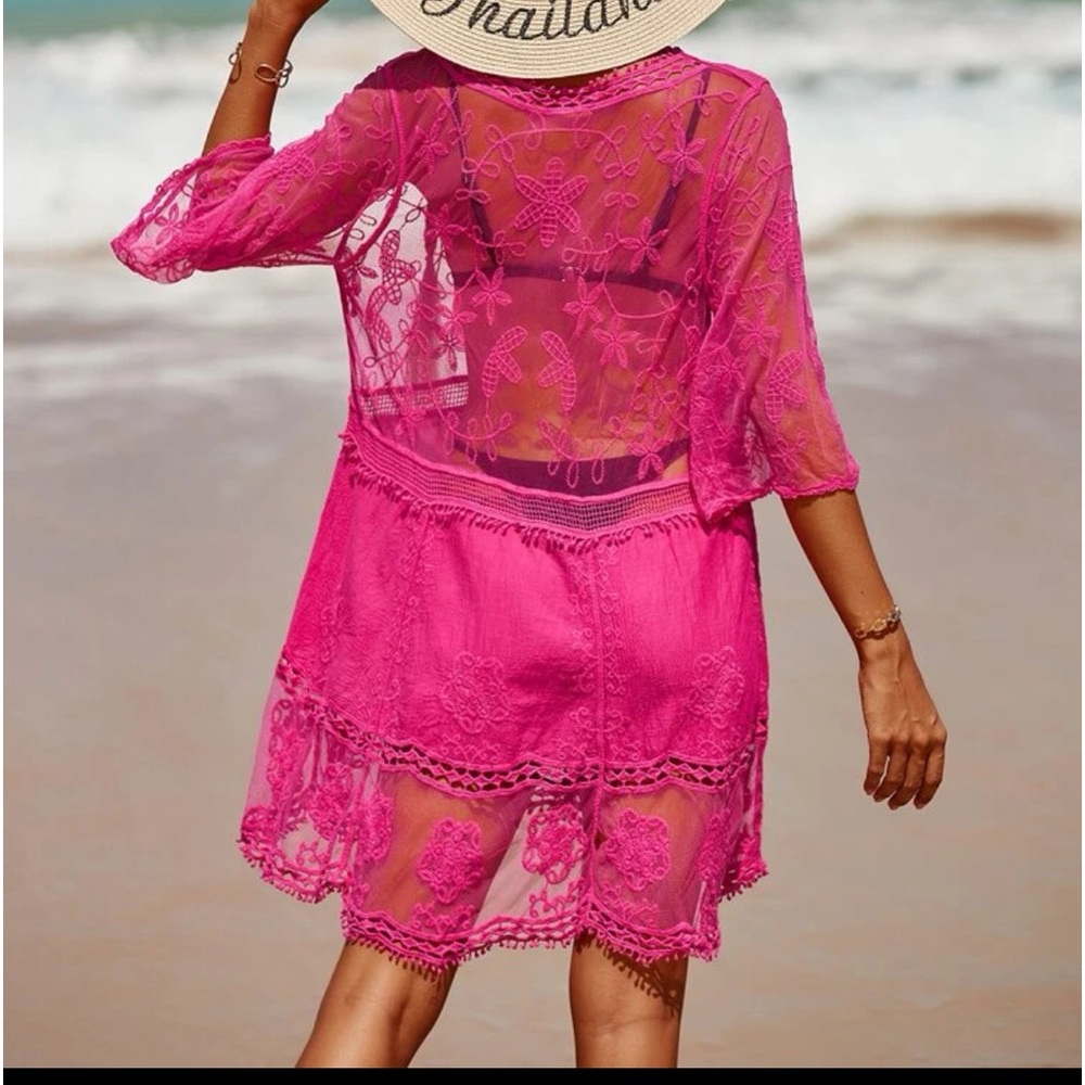 Boho Sheer Mesh Lace Deep V Neck Beach Swim Cover Up - Picture 7 of 16